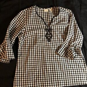 Westbound black and white gingham tunic blouse with a V-neck and embroidery